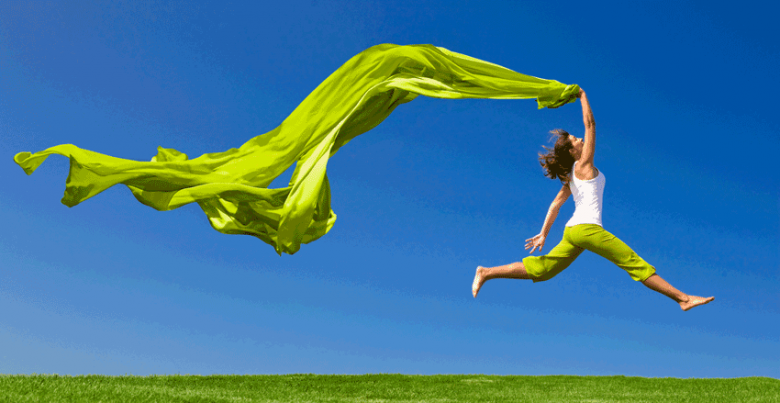 Woman Jumping with green scarf